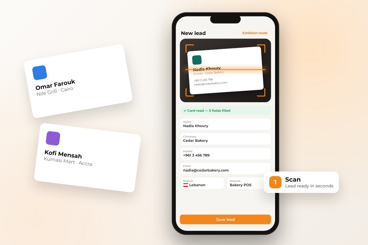 CRM business card scanner capturing a lead at an exhibition