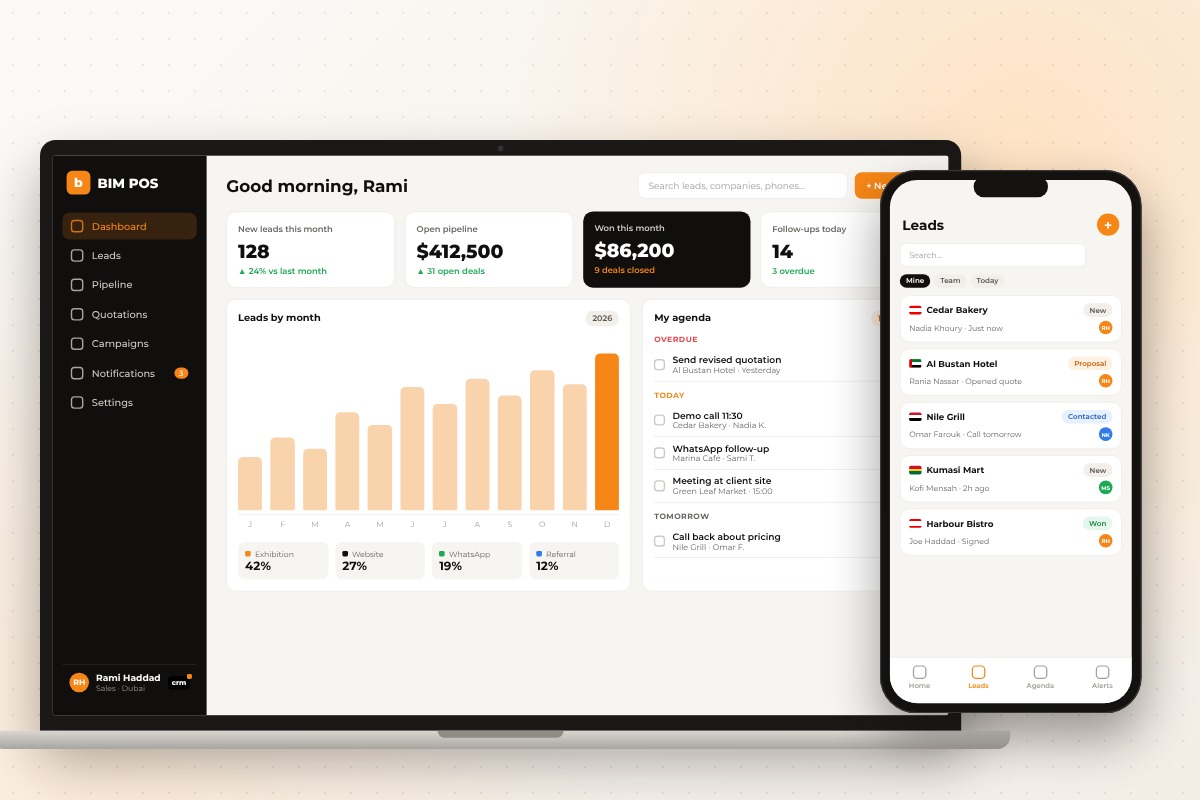 CRM sales dashboard with KPIs and daily agenda