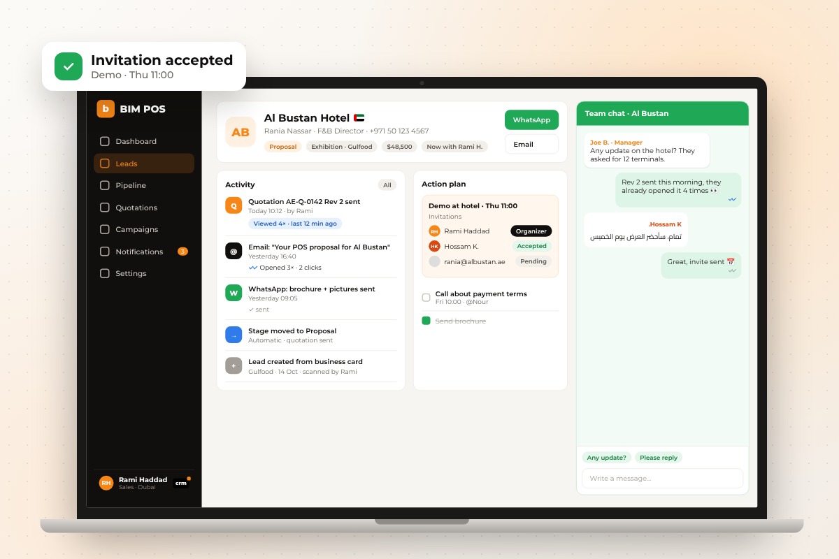 CRM team chat, follow-ups and calendar invites on a lead
