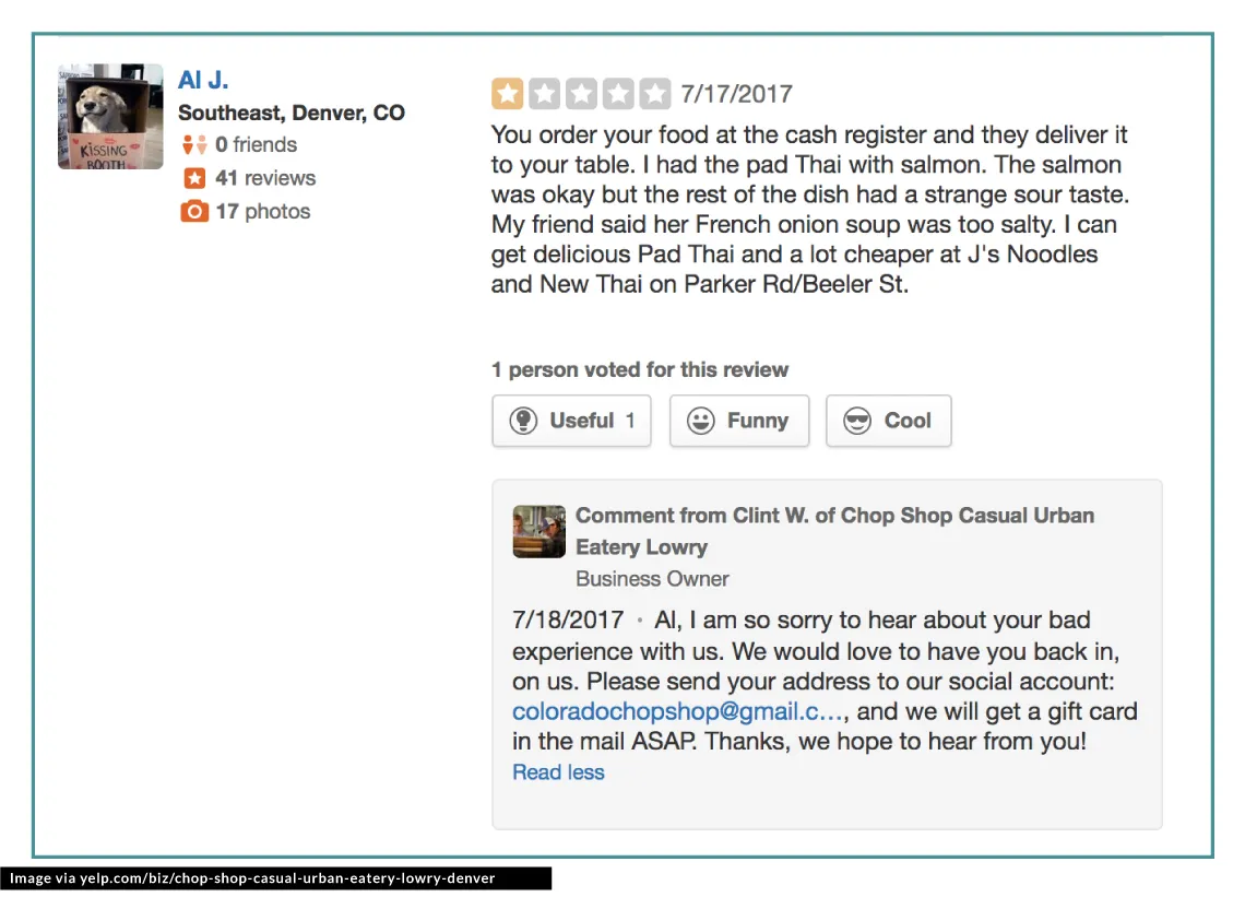 example on how to respond to bad meal review