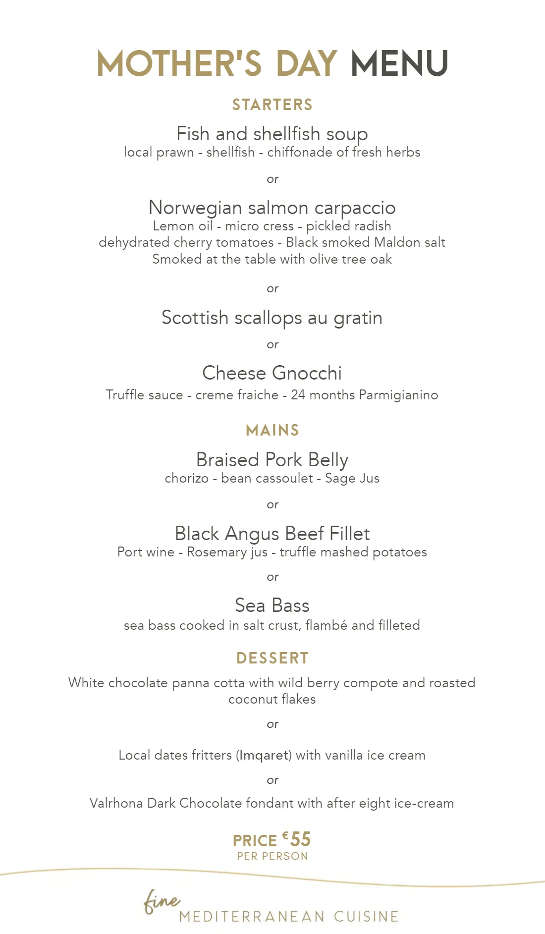 Mother's day menu