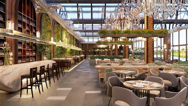 A restaurant seating and tables 