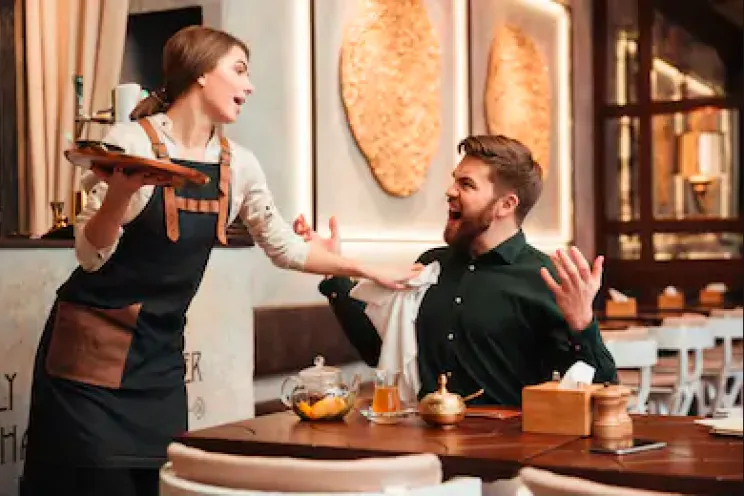 Customer is angry at the waiter in a restaurant