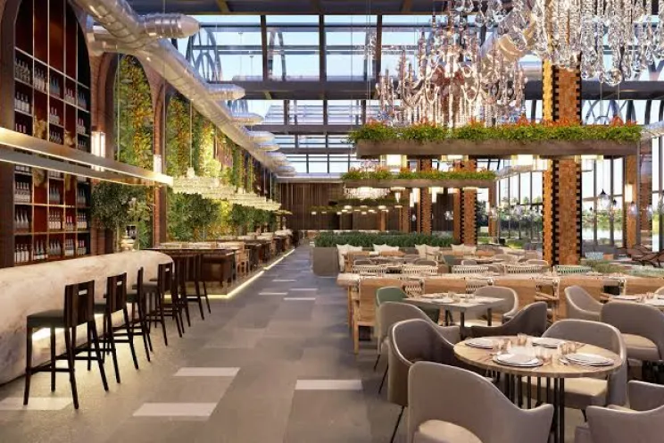 A restaurant seating and tables 