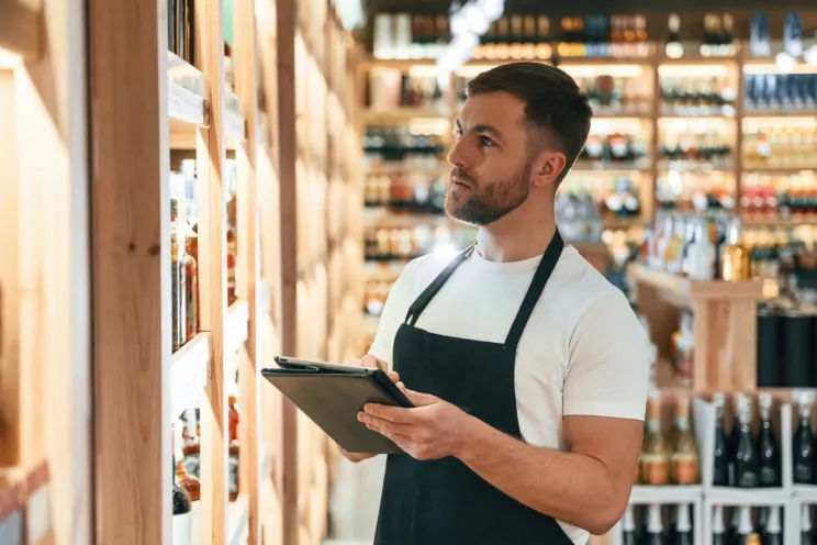 An employee doing inventory management with a tablet